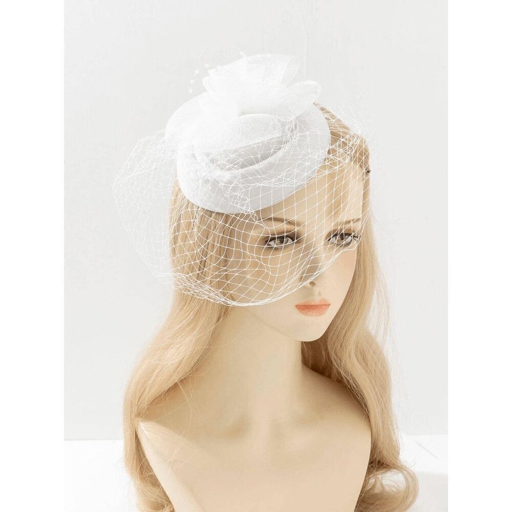 🤍 Pinup Accessory 1950s Retro Vintage Fascinator Bridal White Pillbox Veil Hat